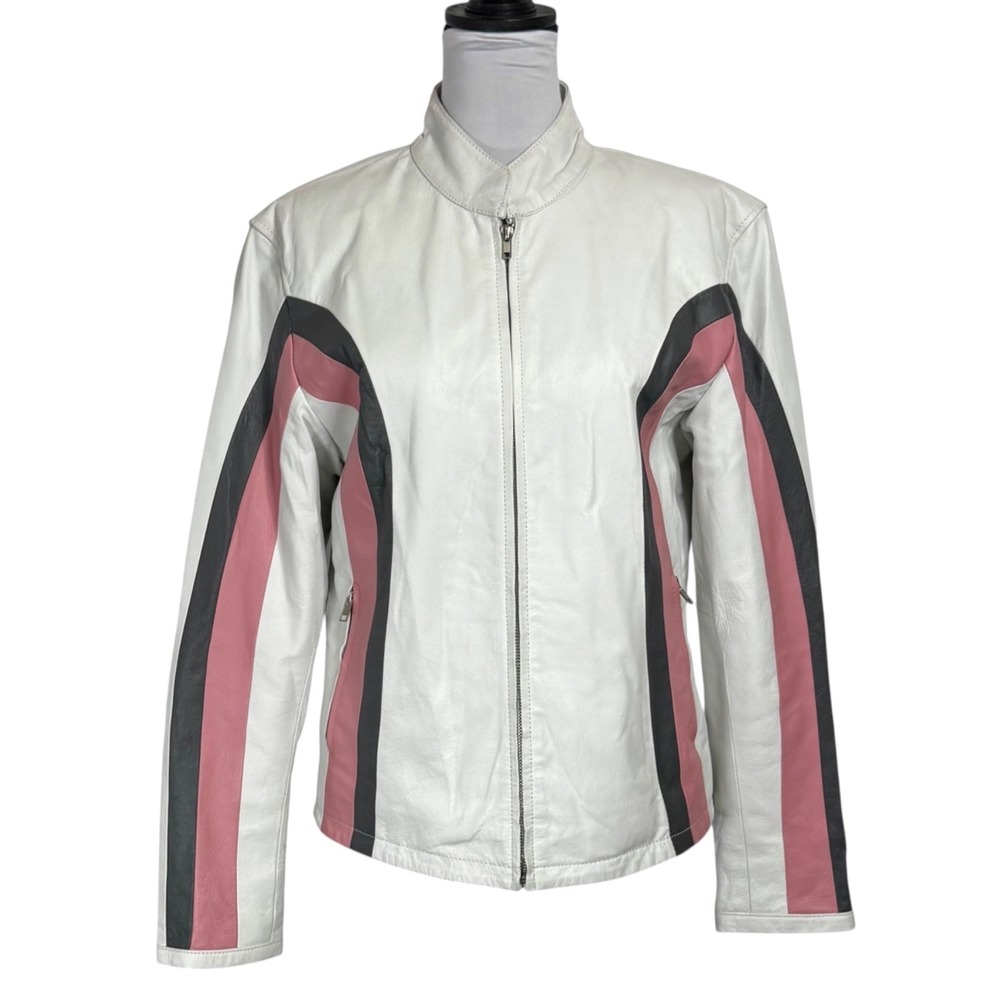 White Striped Leather Moto Jacket Cafe Racer‎ Fitted L Fits M USA Bikers Retro